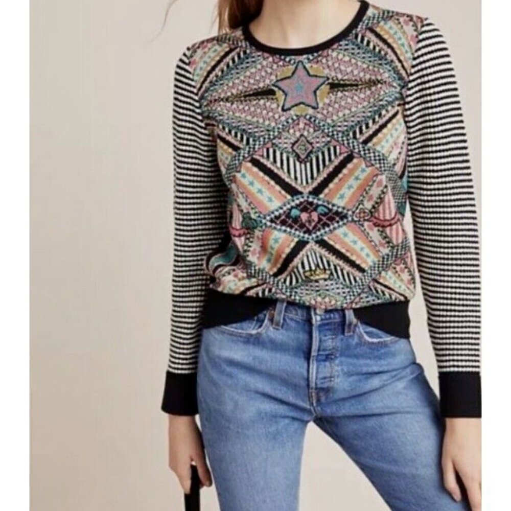 Anthropologie Multicolor Patterned Crewneck Sweater with Black Trim